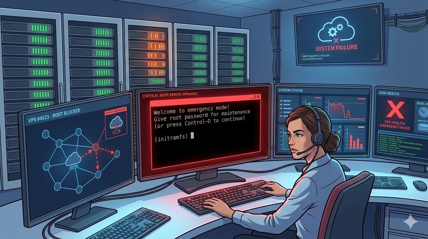 Hướng Dẫn Sửa Lỗi VPS Không Khởi Động: Kẹt Ở Chế Độ Emergency Mode (initramfs)